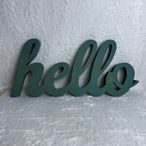 Wooden "Hello" Sign Teal Distressed Finish Wall Decor Chunky Country Rustic